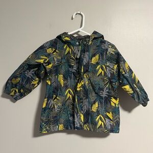 MEC 18m yellow & green leaf print zip up hooded unlined rain jacket